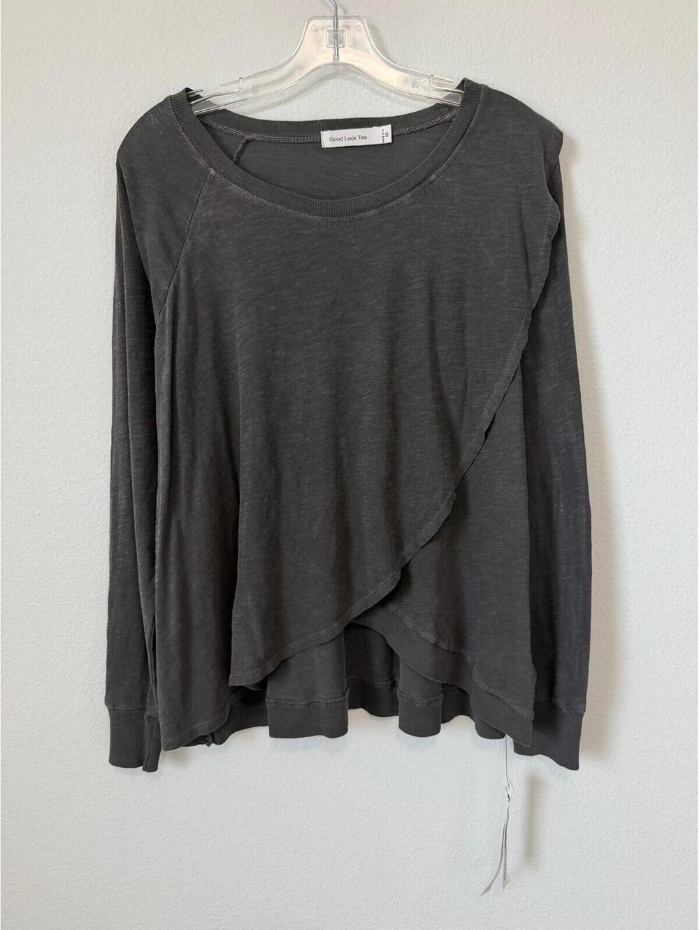 Good Luck Tee Long Sleeve Crew Neck Asymmetric Front Wrap Shirt Women's Size M
